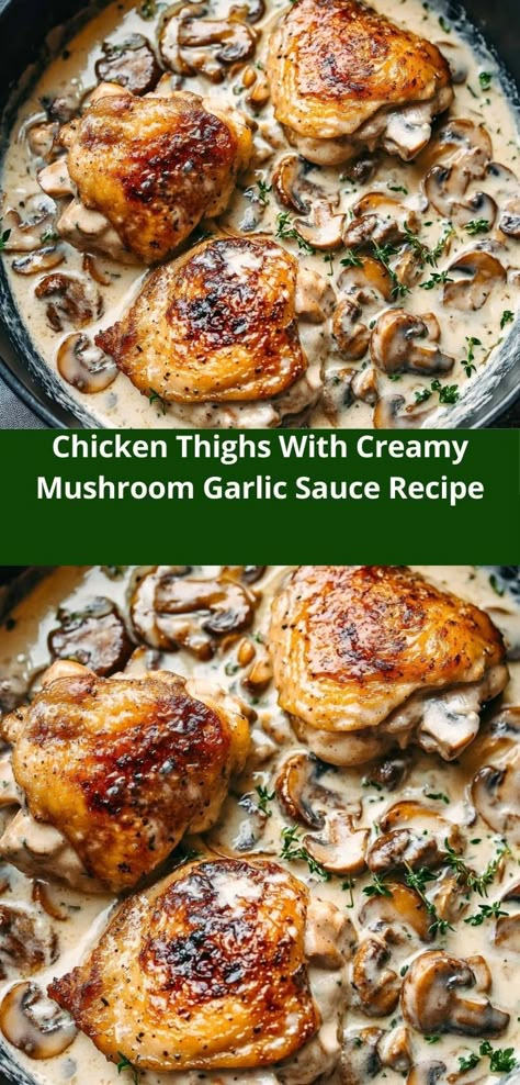 Looking for a rich, comforting meal? Try this chicken thighs with creamy mushroom garlic sauce recipe! It’s perfect for dinner recipes for family or a cozy dinner for two. Casserole Recipes Healthy, Best Chicken Thigh Recipe, Mushroom Garlic, Chicken Thighs Dinner, Juicy Chicken Thighs, What Should I Eat, Creamy Mushroom Chicken, Mushroom Recipes Healthy, Garlic Sauce Recipe