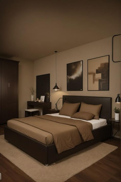 Dark Brown And Beige Bedroom, Dark Brown Furniture Bedroom, Black And Cream Bedroom Ideas, Bedroom Earth Tones, Brown And Cream Bedroom, Beige And Brown Bedroom Ideas, Dark Brown Bedrooms, Brown Bedroom Ideas, Dark Wood Bedroom Furniture