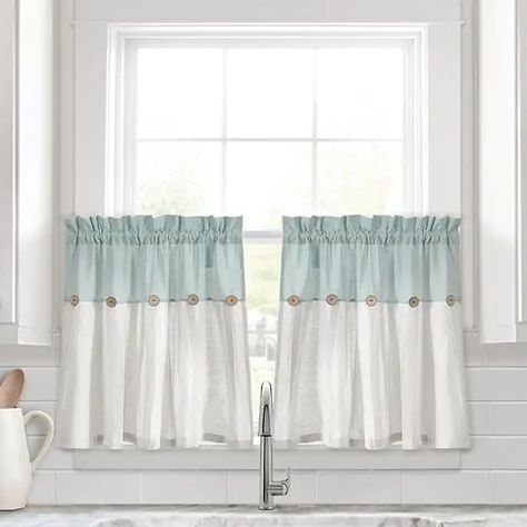 Linen Button Kitchen Window Tiers Set Blue | Antique Farmhouse Curtains Fabrics, Tier Curtains, Charming Kitchen, Lush Decor, Kitchen Window Treatments, Grey Panels, Kitchen Curtain, Rod Pocket Curtain Panels, Farmhouse Style Kitchen