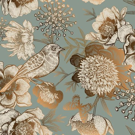 Sticky Wallpaper, Vintage Wallpaper Patterns, Tapete Gold, Wallpaper For Bedroom, Dark Cyan, Vintage Floral Wallpapers, Accent Wall Bedroom, Illustration Vintage, Floral Retro