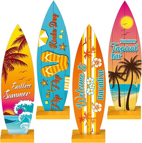 Summer Table Centerpieces, Summer Wood Sign, Surfboard Table, Tropical Centerpieces, Surfboard Decor, Wooden Surfboard, Welcome To Paradise, Beach Table, Surfboard Wall