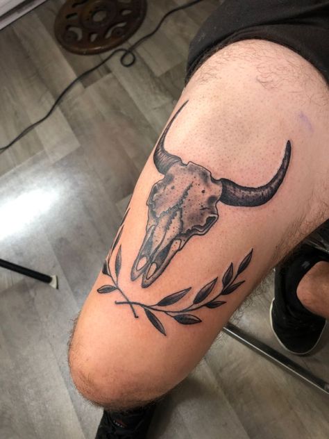 Country Man Tattoos, Bull Tattoo Leg, Men’s Country Tattoo Ideas, Bull With Crown Tattoo, Western Chest Tattoo Men Ideas, Simple Country Tattoos Men, Men Country Tattoos, Cow Skull Tattoo Men, Country Men Tattoos