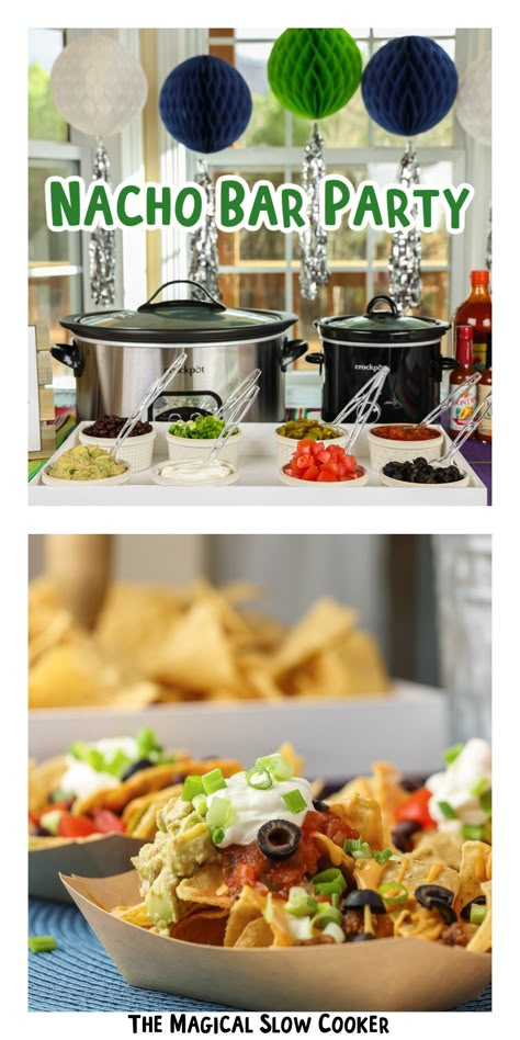 Potluck Bars Ideas, Superbowl Party Menu Ideas, Superbowl Snacks Crockpot, Super Ball Party Ideas, Super Bowl Party For Seniors, Make Your Own Nachos Bar, Nacho Bar Checklist, Nachos Board Ideas, Nachos Presentation Ideas