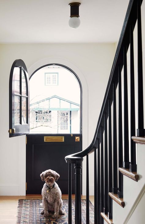 The Black and White — Kevin Cradock Builders Arched Dutch Doors Exterior, Door With Mail Slot, Kitchen Arch Door, Arch Dutch Door, Black Dutch Door, Glass Dutch Door, Nomad House, Katie Rosenfeld, Klismos Dining Chair