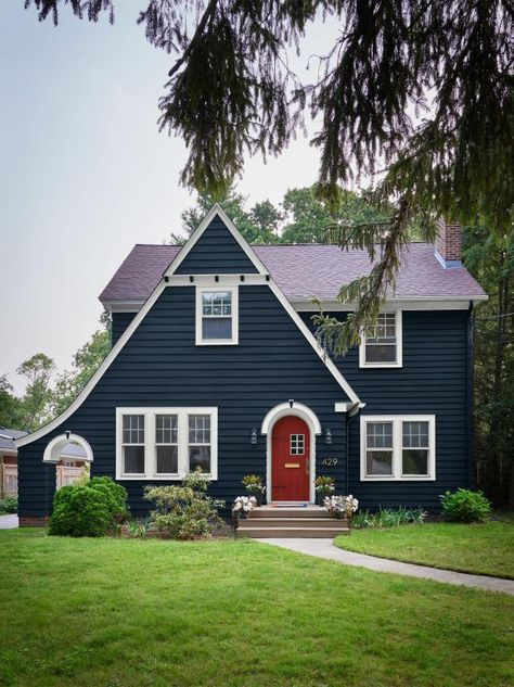 House External Colour Scheme, Navy Blue House Exterior, Blue House White Trim, Tudor Exterior, Navy Blue Houses, Brick Tudor, Red Door House, Navy Houses, Blue Siding