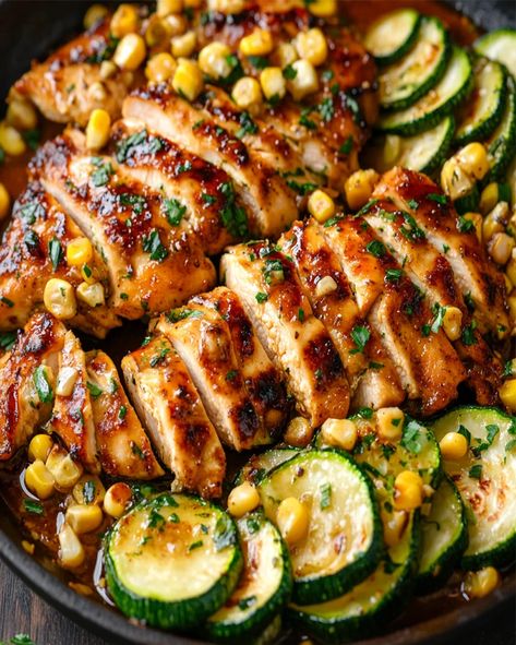 Savory Garlic Butter Chicken with Fresh Zucchini and Sweet Corn - optimal recipes Garlic Butter Chicken Zucchini And Corn, Chicken Corn And Zucchini, Easy Healthy Supper Ideas Quick, Chicken Zucchini Dinner Recipes, Quick And Healthy Dinner Ideas Low Carb, Chicken Zucchini Corn Recipes, Grilled Chicken Zucchini Recipes, Zucchini Chicken Recipes Healthy, What To Eat With Zucchini