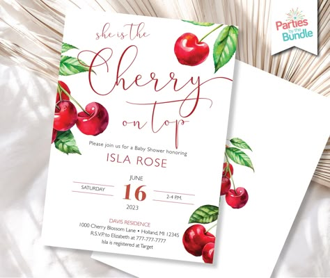 Excited to share the latest addition to my #etsy shop: Cherry Baby Shower Invitation, Cherry Blossom Shower Invite, Fruit Shower, She is the Cherry on Top, Sweet Celebration Brunch Invitation https://etsy.me/40DrWvL #red #babyshower #green #allseasons #flat #vertical # Top Baby Shower Themes, Fruit Baby, Baby Shower Theme Decorations, Cherry Baby, Baby Shower Invitaciones, Theme Template, Brunch Invitations, Fiesta Baby Shower, Baby Shower Invites