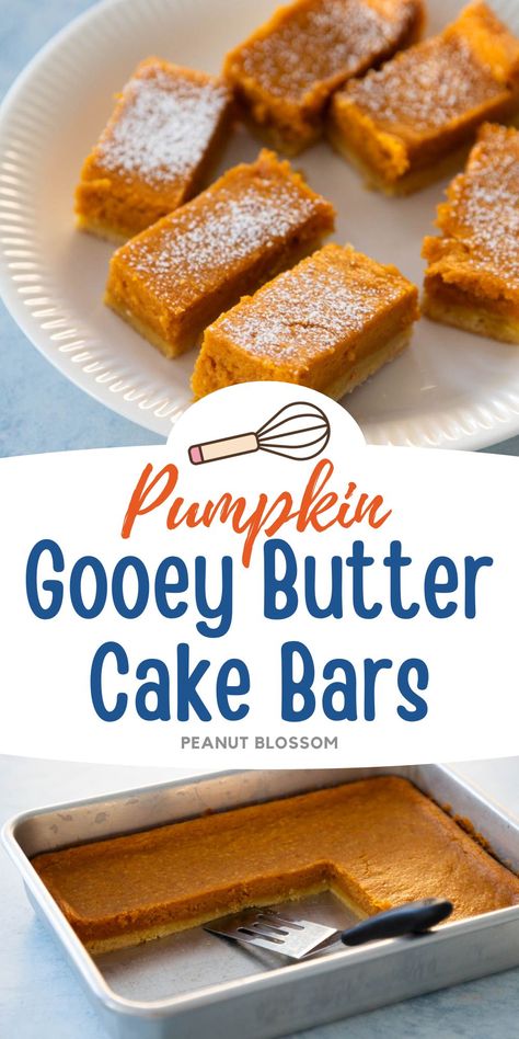 These delicious and easy pumpkin gooey butter cake bars are made with a yellow cake mix and can of pumpkin puree. A travel friendly dessert to bring to Thanksgiving potlucks or add to your dessert table for the holiday. Perfect for beginner bakers who don't want to mess around with pie crust. No Bake Pumpkin Pie Bars Karo, Paula Dean Gooey Pumpkin Bars, Pumpkin Gooey Butter Bars, Pumpkin Pie Bars With Cake Mix Crust, Yellow Cake Mix And Pumpkin Puree, Pumpkin Dessert With Yellow Cake, Cake Mix Pumpkin Bars, Canned Pumpkin Desserts, Yellow Cake Mix Pumpkin