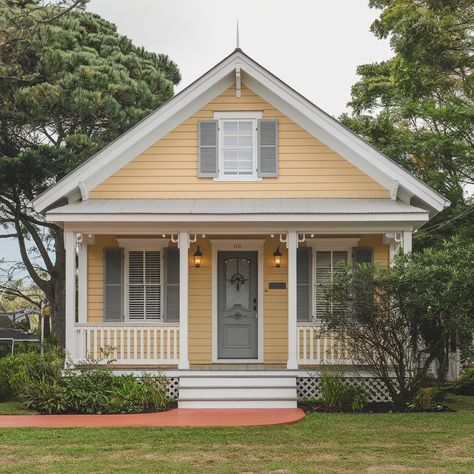 Front Door Color For Yellow House 💛💛💛 Yellow House Grey Shutters, House Colors Exterior Yellow, House Paint Exterior Yellow, Yellow House Porch Ideas, Yellow And Blue House Exterior, Yellow Shutters Exterior, Light Yellow House With Shutters, Yellow House Gray Shutters, Yellow House Shutter Colors