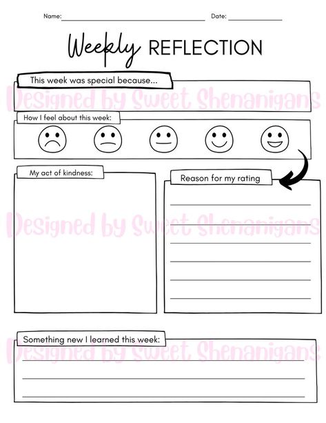 A one page, 5-10 minute reflection for your students to do at the end of the week or end of the day. Use these sheets to let your students reflect on their emotions in a positive way. Optionally challenge your students to look for the good spots in their weeks, even if it's been a rough one. Keep these to give to parents at P/T conferences or send home that day with students. Daily and Weekly Reflections included Logo Therapy, Emotional Journal, Look For The Good, Student Reflection, School Week, End Of The Week, English Worksheets, Daily Reflection, Morning Work