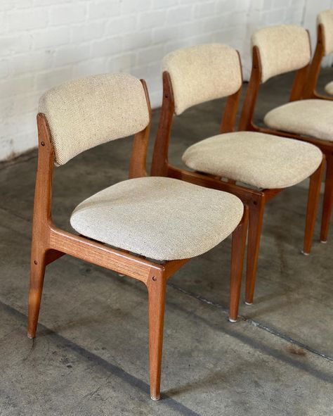 Danish Modern Teak Dining Chairs- Set of four Price: 850 Dimensions: W21 D19 H31 SW18.5 SD18 SH18 Teak Chairs Dining, Popular Dining Chairs, Mid Century Chairs Dining, Mcm Dining Chairs, Danish Teak Furniture, Mid Century Dining Chair, Dining Chairs Mid Century, Mid Century Modern Dining Chairs, Chair Redo