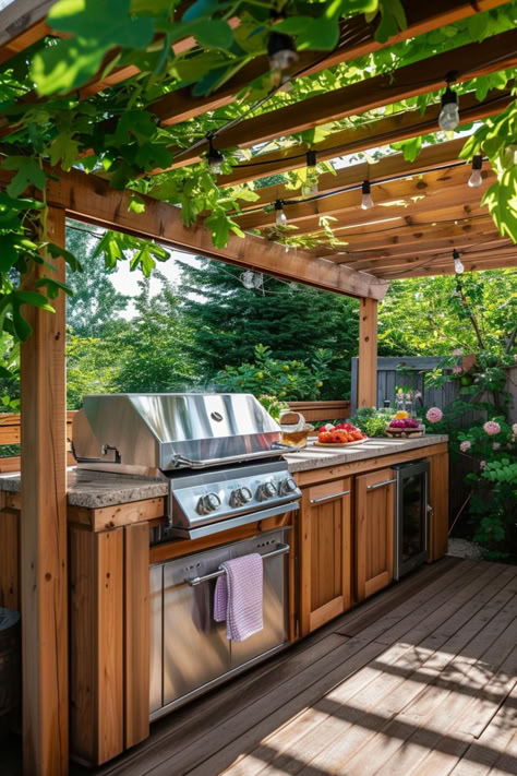 30+ Rustic Outdoor Kitchen Designs for Quaint Outdoor Cooking Grill In Garden, Home Made Outdoor Kitchen, Outdoor Cedar Kitchen, Barbecue Patio Ideas, Backyard Grill Ideas Small Spaces, Bbq On Deck Ideas, No Kitchen Cooking, Outdoor Kitchen With Hot Tub, Outdoor Kitchen Pergola Backyard Patio