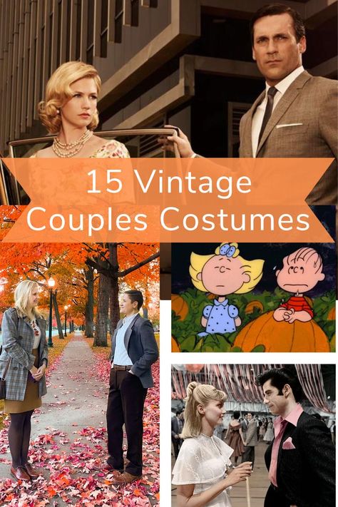 Couples costume ideas that are vintage inspired. Halloween is just around the corner so it's time ot start thinking about how you'll dress up this October! These are couple costumes for adults. Halloween Costumes For Middle Aged Couples, 1950s Costume Couple, Retro Couples Costumes, Literary Couples Costumes, 1950 Halloween Costumes, Old Married Couple Costume, Decades Couple Costume, Old Fashioned Halloween Costumes, Historical Couples Costumes