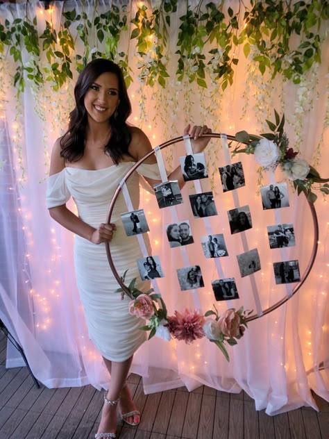 Creative Ways To Display Photos At Party, Hoola Hoop Photo Booth Frame, Engagement Party Photo Display Ideas, Hula Hoop Picture Display Diy, Wedding Shower Photo Display, Photo Hoop Ideas, Hula Hoop Photo Display, Hoop Picture Display, Engagement Party Picture Display