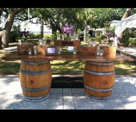 Once the delectable wine is consumed, what's left? The barrel! So, what can you do with this barrel besides take it to the dump or throw it away? Did you know that wine barrels outdoors have many fantastic uses for decoration, from plants to trash can holders... and lots in between... #spr #sum Wine Barrel Bar Table, Bar Table Design, Wine Barrel Bar, Barrels Diy, Wine Barrel Table, Wooden Barrels, Barrel Projects, Wine Barrel Furniture, Barrel Decor