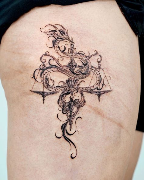 Dragon and Libra Scales Tattoo | Tattoo Ideas and Inspiration | bium_tattoo Libra Dragon Tattoo, Balanced Tattoo, Libra Scale Tattoo, Libra Tattoos, Justice Tattoo, Balance Tattoo, Tattoos Infinity, Libra Tattoo, Scale Tattoo