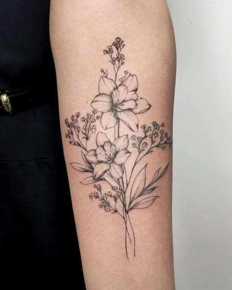 Birthday Flowers Tattoo Ideas, Birth Flower Tattoos Narcissus, Daffodils And Chrysanthemums Tattoo, Birth Flower Arm Tattoos For Women, Mom Flower Tattoo Ideas, 2 Stem Flower Tattoo, Birth Month Flower Tattoos Forearm, Large Birth Flower Tattoo, Birth Tattoos For Moms