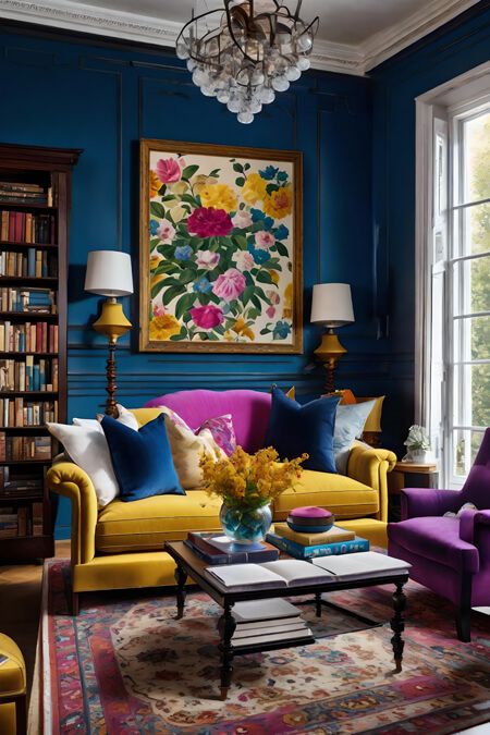 How to Decorate in a Victorian Bohemian Style Blue And Green Eclectic Living Room, Glam Maximalist Living Room, Small Colorful Room, Maximalist Blue Living Room, Jewel Toned Home Interior, Timothy Oulton Living Rooms, Teal And Raspberry Living Room, Jewel Toned Living Room Ideas, Colorful Maximalist Office