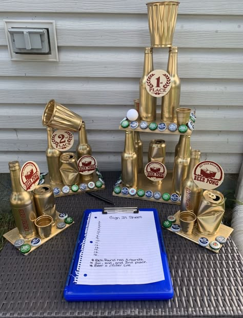 His And Her Party Ideas, Beer Pong Party Ideas, Drinking Yard Games, Beer Pong Tournament Ideas, Beer Olympics Trophy Diy, Beer Pong Trophy Diy, Beer Olympic Trophies, Drink Olympics Games, Beer Olympics Prizes