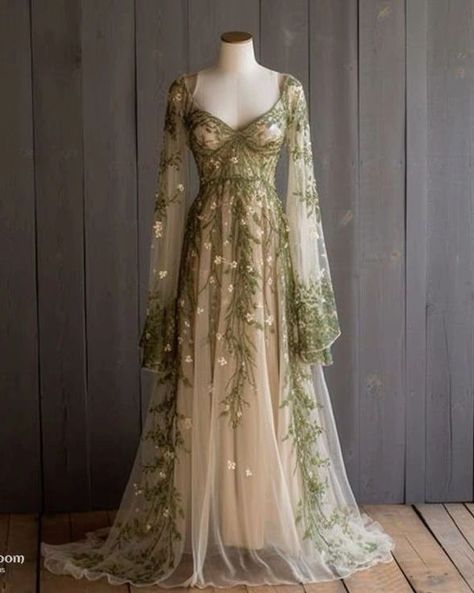 Beautiful and elegant wedding froks follow us for more designs ❤️ #instagram #instagood #bestoftheday #instacool #instago #all_shots #follow #webstagram #colorful #style #swag Aesthetic Wedding Dress, Fantasy Wedding Dress, Elven Fairy, Elven Wedding Dress, Elven Dress, Ivy Dress, Carpet Outfits, Green Wedding Dresses, Fairy Wedding Dress