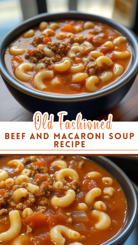 Old Fashioned BEEF and MACARONI SOUP Recipe Tomatoe Macaroni Soup, Macaroni Tomato Soup, Soup With Diced Tomatoes, Soup With Macaroni, Hamburger Soup Crockpot, Beef And Macaroni Soup, Tomato Macaroni Soup Recipe, Hamburger Macaroni Soup, Soup With Beef Broth