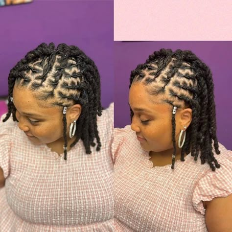 Locs To One Side, Side Loc Styles Black Women, Loc Extensions Styles For Black Women, Loc Updo Short Hair, Spiral Loc Styles, Hanging Loc Styles, Down Locs Hairstyles For Women, Side Twist Loc Style, Side Styles For Locs