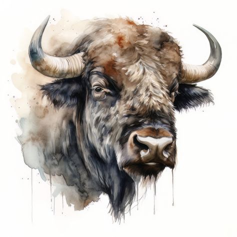 Buffalo Artwork, Animal Digital Art, Buffalo Painting, Cow Paintings, Buffalo Animal, Watercolor Pencil Art, Buffalo Art, Watercolor Clouds, Portrait Watercolor