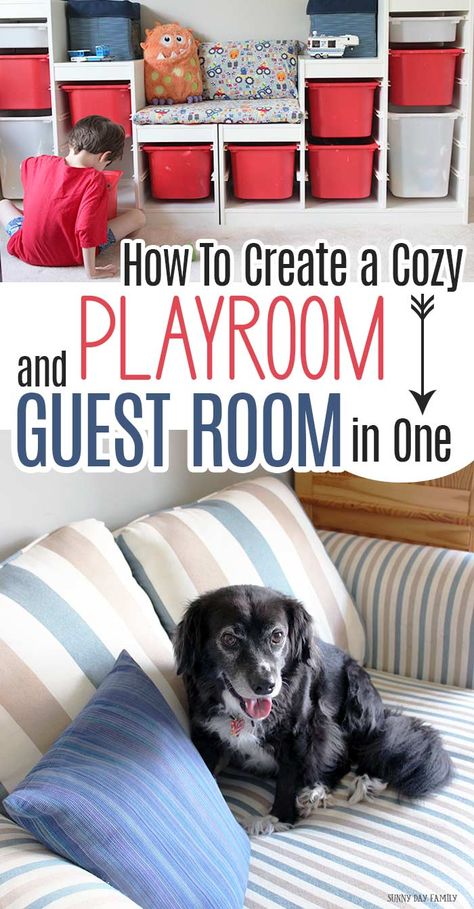 Want to maximize your space? Combine your playroom and guest room in one! It’s easy to do with smart storage solutions and pieces that do double duty. Make it cozy for kids, comfy for guests, and a place everyone will love with these tips. AD Small Family Room Dining Room Combo, Guest Bedroom Playroom Combo Ideas, Guest Bedroom Family Room Combo, Small Playroom Guest Room Combo, Guest Bedroom For Grandkids, Family Guest Room, Playroom And Guest Room Combo Ideas, Toy Room Guest Room Combo, Guest Room For Grandkids