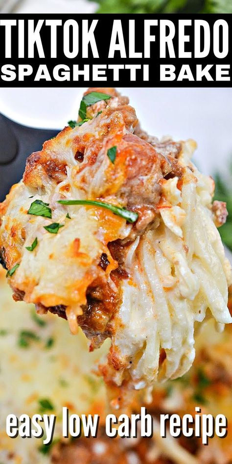 TikTok Alfredo Spaghetti Bake - Easy Keto Friendly Version Keto Alfredo Bake, Spaghetti And Alfredo Pasta, Spagetti And Alfredo Sauce, Low Carb Alfredo Bake, Keto Friendly Pasta Dishes, Low Carb Pasta Bake, Keto Baked Spaghetti, Keto Alfredo Recipes, Healthy Spaghetti Bake