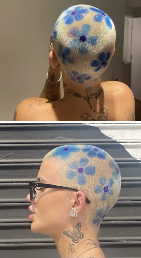 Buzzcut Coloured Hair, Buzzed Hair Aesthetic, Hair Print Dye, Shaved And Dyed Hair, Flower Hair Dye Shaved Head, Flower Shaved Hair Designs, Fun Shaved Head Designs, Flower Buzzcut, Undercut Dye Designs