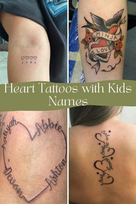 61 Sweetest Kids Name Tattoos & Baby Name Ideas - TattooGlee Best Mom Tattoos, Tattoos With Multiple Names, Children’s Tattoo Ideas, Mom Of Four Tattoo Ideas, Tattoo Ideas Representing Children, Childrens Tattoos For Moms, Tatoos For Kids Mom, 4 Name Tattoo Ideas, Tattoos For Kids Mom