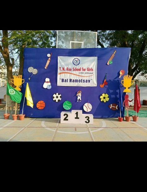 Event decoration of sports day celebration Annual Sports Day Decoration, Sports Day Decoration Ideas School, Sports Day Decoration, Stage Decoration Photos, School Decoration, Stage Decoration, Notice Board, Event Decoration, Sports Day