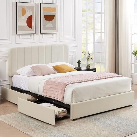 VECELO Full Size Upholstered Bed Frame with 4 Drawers and Adjustable Headboard, Velvet Platform Storage Bedframe Mattress Foundation, Wooden Slats Support, No Box Spring Needed, Beige Pink Beige Bedroom, Vanilla Bedroom, Full Size Bed Frames, Full Size Upholstered Bed, Modern Upholstered Beds, Upholstered Storage Bed, Under Bed Drawers, Luxury Room Bedroom, Full Size Bed Frame