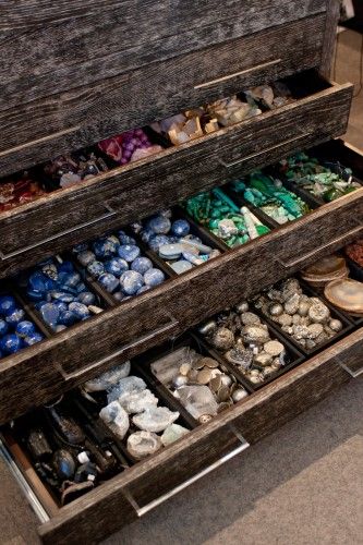 A rainbow of rocks lurks in every drawer — it would probably take days to count just how many!    Read more on Refinery29! Metaphysical Store, Crystals Store, Famous Interior Designers, Metaphysical Shop, Crystal Aesthetic, Kelly Wearstler, Crystal Decor, Rocks And Gems, Shop Interior Design