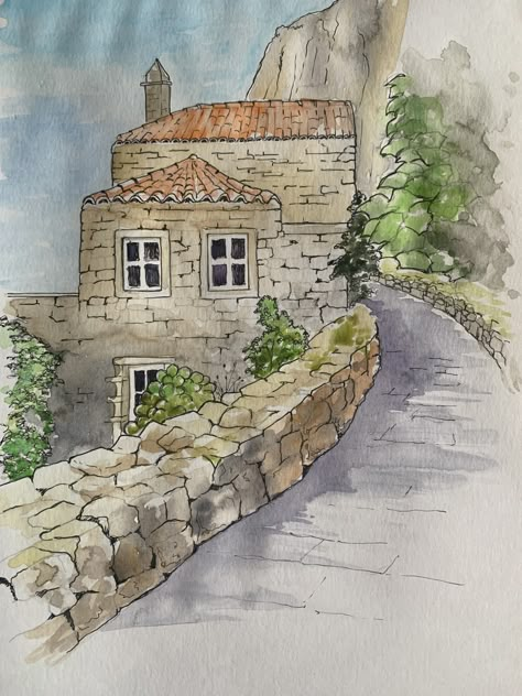 Clothesline Paintings, French Cottage Exterior, Painted Vines, Stylized Landscape, Watercolor Cottage, Watercolor House Painting, Seascapes Art, Old Stone Houses, Watercolor Architecture