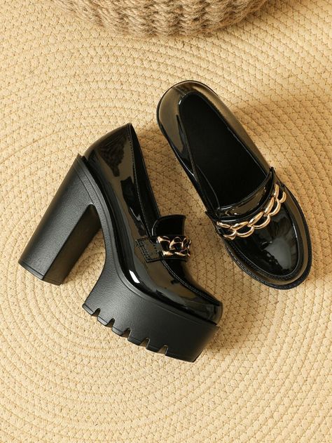 Discover the latest the Chain Decor Chunky Heeled Loafer Pumps at SHEIN, shop weekly updated undefined and get inspired by the greatest styles. Cash on delivery for GCC.Buy now pay later with Afterpay√ Free Shipping $45 √ Free Shipping on Orders over SAR199 for Saudi Arabia √ $4 Off First Order √ Chunky Loafers Heels, Black Heel Loafers, High Heel Loafers Outfit, Heeled Loafers Outfit, Women Shoes Aesthetic, Punk Heels, Chunky Heel Loafers, Loafers Heels, Chunky Platform Heels