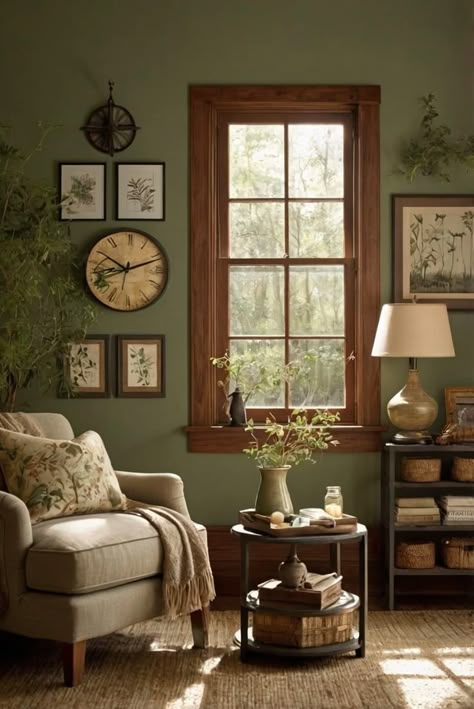 Rustic Cottage Farmhouse Style, Cozy Earthy Home Decor, Earthy Wall Paint Colors, Green Walls Brown Trim, Sage Farmhouse Living Room, Cottagecore Wall Colors, Sherwin Williams Dried Thyme Bedrooms, Green Walls With Wood Trim, Vintage Room Colors