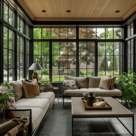 Sunlit Contemporary Beige Sunroom [Room Concept] Sunroom Addition Farmhouse, Contemporary Sunroom Ideas, Sunroom Into Office, Outside Sunroom Ideas, Sunroom With Casement Windows, French Sunroom Ideas, Back Patio Sunroom, Modern Four Season Room, Black Windows Sunroom