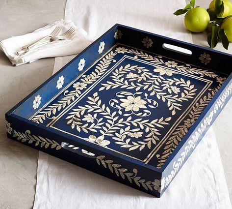 Decor/accessories - Handcrafted and painted by skilled artisans, this stunning tray combines a traditional floral motif with a simplified color scheme of white on indigo. Pattern Batik, Decoupage Tray, Painted Trays, Paint Tray, Diy Tray, Diy Art Projects, Hand Painted Furniture, Wooden Tray, Home Decor Accessories