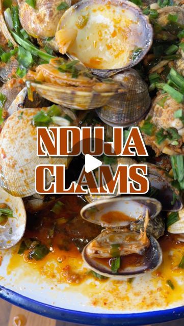 Ronin Olsen on Instagram: "Nduja Clams 🔥  Ingredients:  - Nduja (a spicy paste prepared from cured pork and peppers, traditionally made in the Italian region of Calabria.) - Olive oil - Garlic - Cider Vinegar - Three-cornered leek (can substitute for chives/green onion) - Clams  #clams #nduja #ndujaclams #easymeals #spicymeals #seafoodrecipes #freshseafood" Cleaning Clams, Pork And Peppers, How To Clean Clams, Clams Recipe, Green Onion, Fresh Seafood, Calabria, Spicy Recipes, Leeks