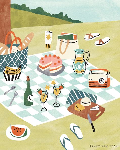 Picnic Drawing, Loon Illustration, Sunday Illustration, Picnic Illustration, Illustrated Gift, Sunny Sunday, Summer Illustration, Illustrators On Instagram, Diy Journal