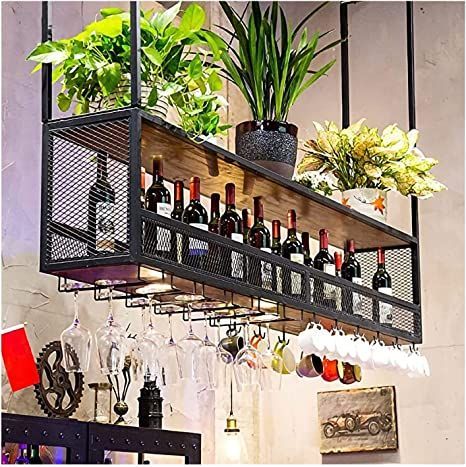 Bar Shelf Ideas, Hanging Wine Glass Rack, Shelf Industrial, Ceiling Shelves, Hanging Wine Rack, Bar Ceilings, Bar Shelves, Home Bar Design, Wine Shelves