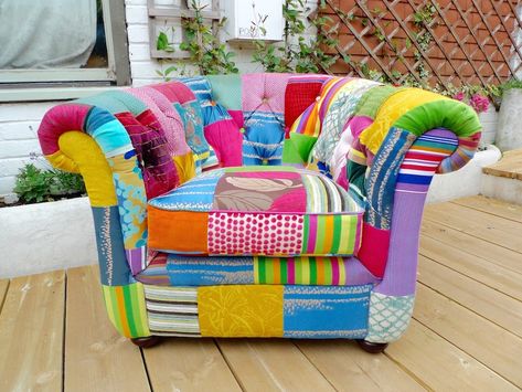 upcycled patchwork armchair remade reupholstered deep button Colourful Armchairs, Patchwork Armchair, Patchwork Upholstery, Patchwork Furniture, Patchwork Sofa, Patchwork Chair, Awesome Furniture, Reupholster Furniture, Slip Covers