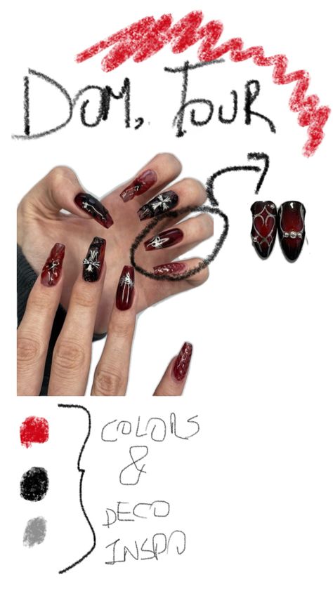 Dominate tour, these nail designs incorporate the group’s aesthetic with bold red and black tones, spiderweb motifs, and metallic accents. The deep colors and intricate details reflect their edgy and powerful vibe, perfect for fans who want to carry a piece of the concert with them.    **Hashtags:**   #StrayKids #DominateTour #StayInspiredNails #BangChanNails #HyunjinAesthetic #ChangbinVibes #FelixInspired #SKZFans #KpopNailArt #SKZDominate Stray Kids Nails, Skz Concert Outfit, Kpop Concert Outfits, K Pop Nails, Concert Nails, Stray Kids Concert, Kids Nail Designs, Stray Kids Outfits, Kids Nails