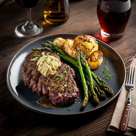 Tasty and juicy steak and asparagus half... | Premium Photo #Freepik #photo #ribeye #meat-steak #beef-steak #dish Steak And Asparagus Plating, Beef Steak Aesthetic, Steak Photoshoot, Steak Aesthetic, Steak Plating, Steak And Asparagus, Almond Daughter, Food Moodboard, Jordan Aesthetic