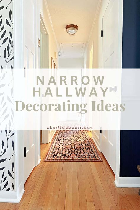 Transform your dark and narrow hallway with these inspiring decorating ideas! Discover clever trim tricks, pick the perfect paint color, how to transform old closet doors and space-saving tips to brighten and widen your home's corridors. Perfect for small spaces. Explore more now! Long Hallway Wall Decor Ideas Rustic, Wall Decor For Hallway Entry Ways, Wall Art In Hallway, Wall Decor In Hallway, Decorate End Of Hallway Wall, How To Style A Long Hallway, Long Narrow Hallway Ideas Modern, Long Hallway Ideas Modern, Narrow Entryway Wall Decor