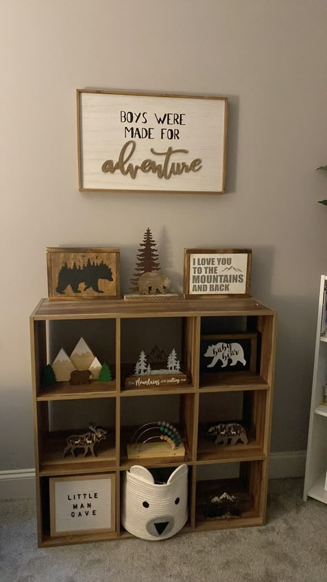 Adventure Baby Room Themed Nursery, Small Nursery Ideas Woodland, Wood Theme Nursery, Mountain Woodland Nursery, Outdoors Bedroom Theme, Camping Theme Bedroom Boys, Wilderness Themed Bedroom, Toddler Woodland Bedroom Boy, Wilderness Baby Nursery