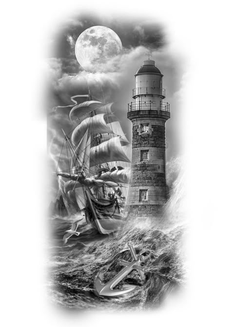 Ships Tattoos For Men, Nautical Tattoo Sleeve Drawings, Lighthouse Boat Tattoo, Ship At Sea Tattoo, Lighthouse And Boat Tattoo, Lighthouse Tattoo Design Realistic, Lighthouse Ship Tattoo, Lighthouse And Ship Tattoo, Ship Lighthouse Tattoo