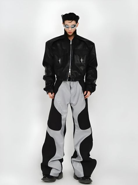 Cyberpunk Patchwork Wide Leg Pants Hyper Punk Fashion, 90s Cyberpunk Fashion, Mugler Men 90s, Asian Cyberpunk Fashion, Black Enby Fashion, Techno Wear Men, Bold Outfits Men, Men Cyberpunk Fashion, Retro Futuristic Fashion Men