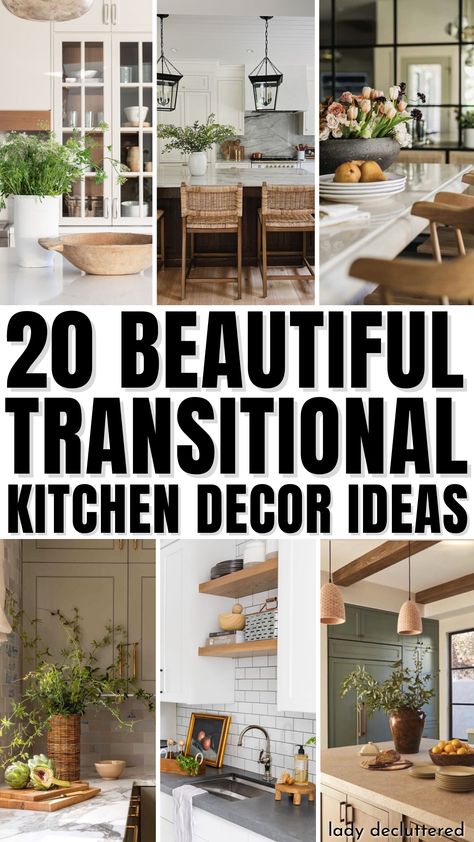 20 Beautiful Transitional Kitchen Decor Ideas Attached Dining And Kitchen, Transitional Kitchen Decor Ideas, Traditional Kitchen Design Simple, Transitional Modern Romantic Home Decor, Traditional Home Decor Dining Room, Modern Traditional Kitchen Decor, Rustic Transitional Kitchen, Transitional Dining Table Decor, Kitchen Design Transitional Inspiration